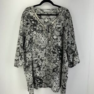 Avenue Womens 26/28 Black White Paisley Beaded Cotton Tunic Top Ethnic Boho